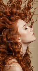 Profile of woman with flowing curly red hair