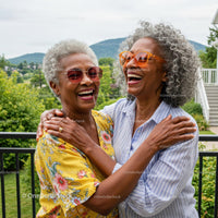 Two Joyful Seniors Embracing and Laughing Outdoors