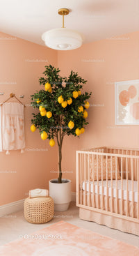Indoor Lemon Tree in Modern Nursery Room with Baby Crib and Decor