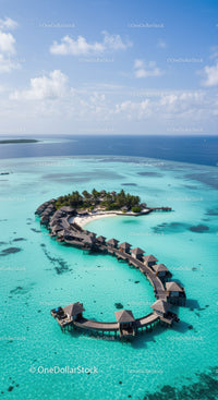 Overwater Bungalows on Turquoise Lagoon Under Bright Blue Sky