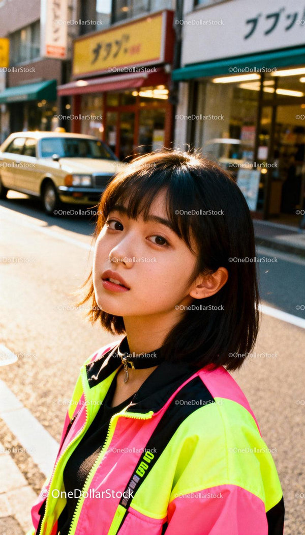Young woman with vibrant jacket on sunny street