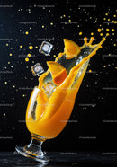 Orange juice splash with ice cubes and fresh slices