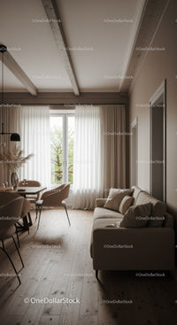Modern Living Room with Beige Sofa and Wooden Floor Design