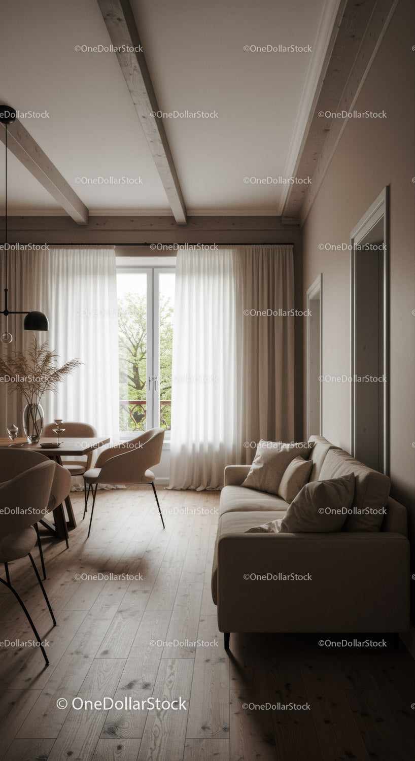 Nowoczesny salon z beżową sofą i drewnianą podłogą