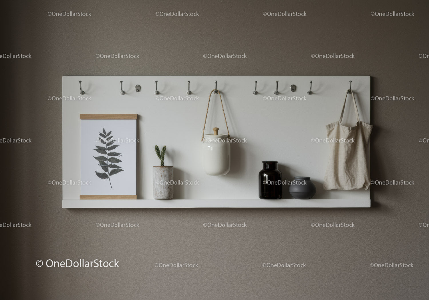 Minimalist Wall Shelf with Potted Plant and Decorative Vases