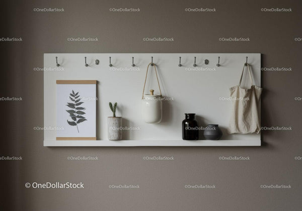 Minimalist Wall Shelf with Potted Plant and Decorative Vases