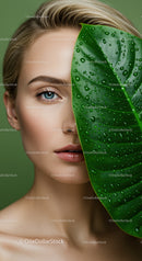 Young Woman with Leaf and Water Droplets in Natural Beauty Portrait