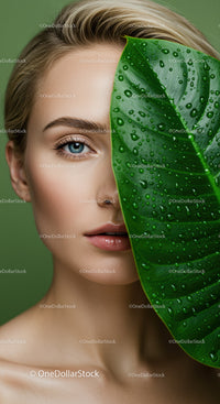 Young Woman with Leaf and Water Droplets in Natural Beauty Portrait
