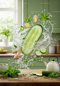 Fresh cucumber and ginger splash with mint leaves
