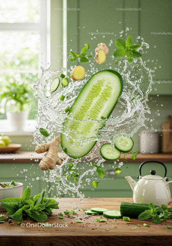 Fresh cucumber and ginger splash with mint leaves
