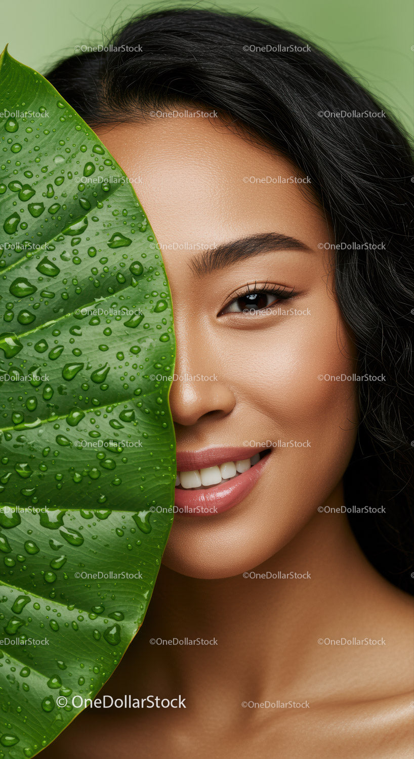 Close-Up Portrait of Smiling Woman with Tropical Leaf and Water Droplets