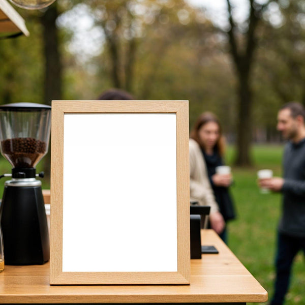 Blank wooden frame on table at outdoor coffee stand JPG Mockup Image