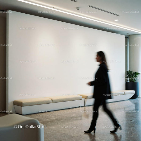 Blurred woman walking in a modern minimal lobby space JPG Mockup Image