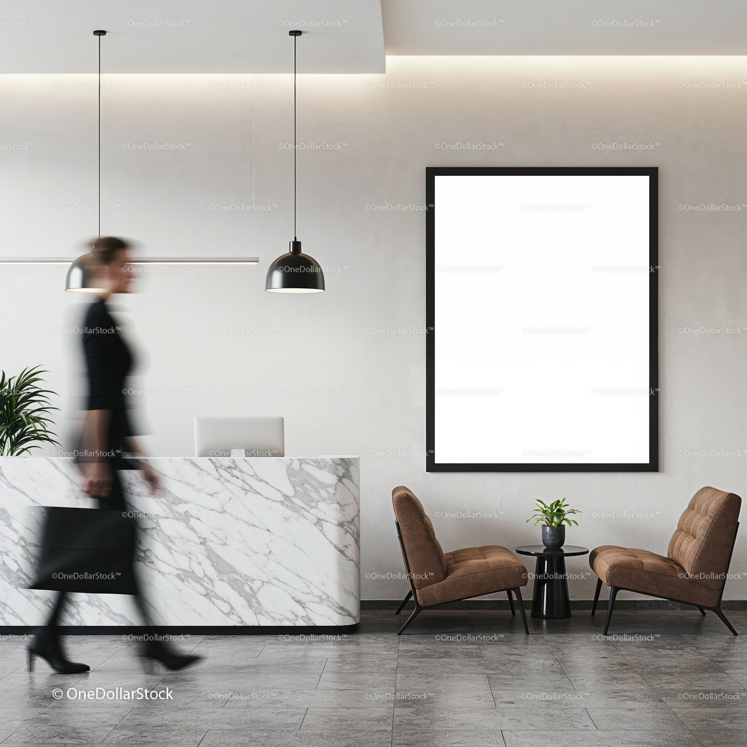 Modern office lobby with marble reception and seating area