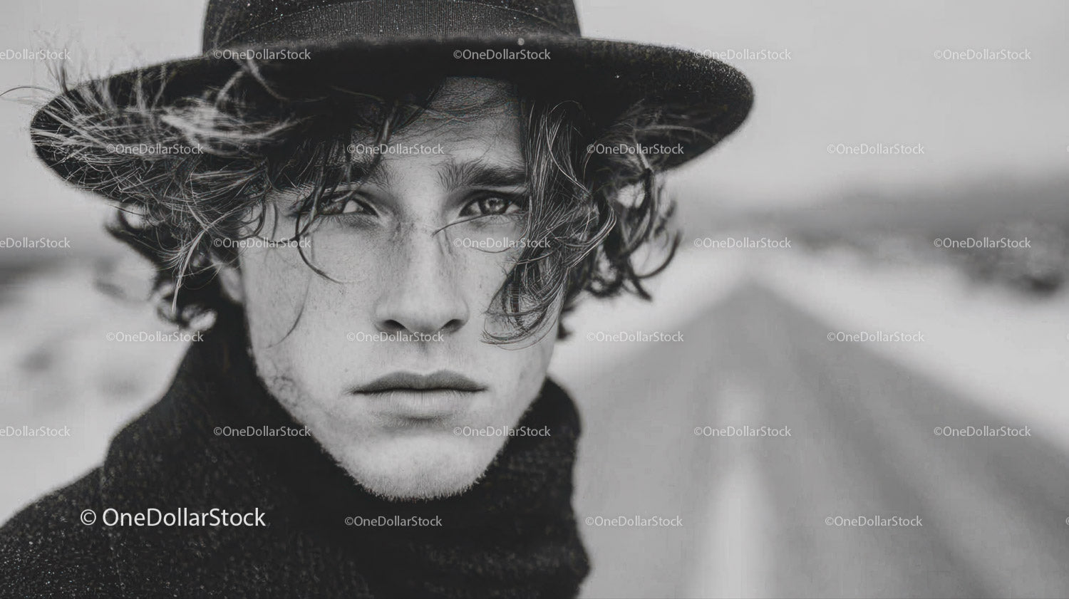 Stylish Male Model with Curly Hair Outdoors in Black and White