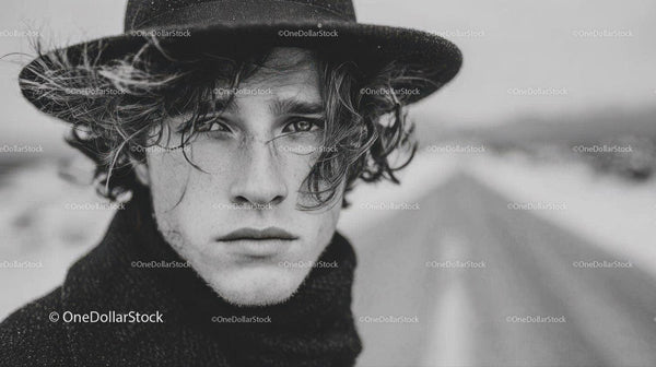 Stylish Male Model with Curly Hair Outdoors in Black and White