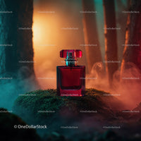 Luxury Red Perfume Bottle in Mystical Forest Scene