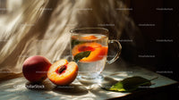 Fresh Sliced Peach in Water with Green Leaves on Rustic Wooden Table