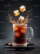Refreshing cold drink with ice cubes splashing in glass