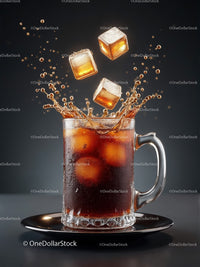 Refreshing cold drink with ice cubes splashing in glass