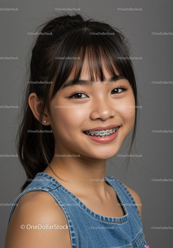 Young Girl with braces Smiling Portrait in Denim Top