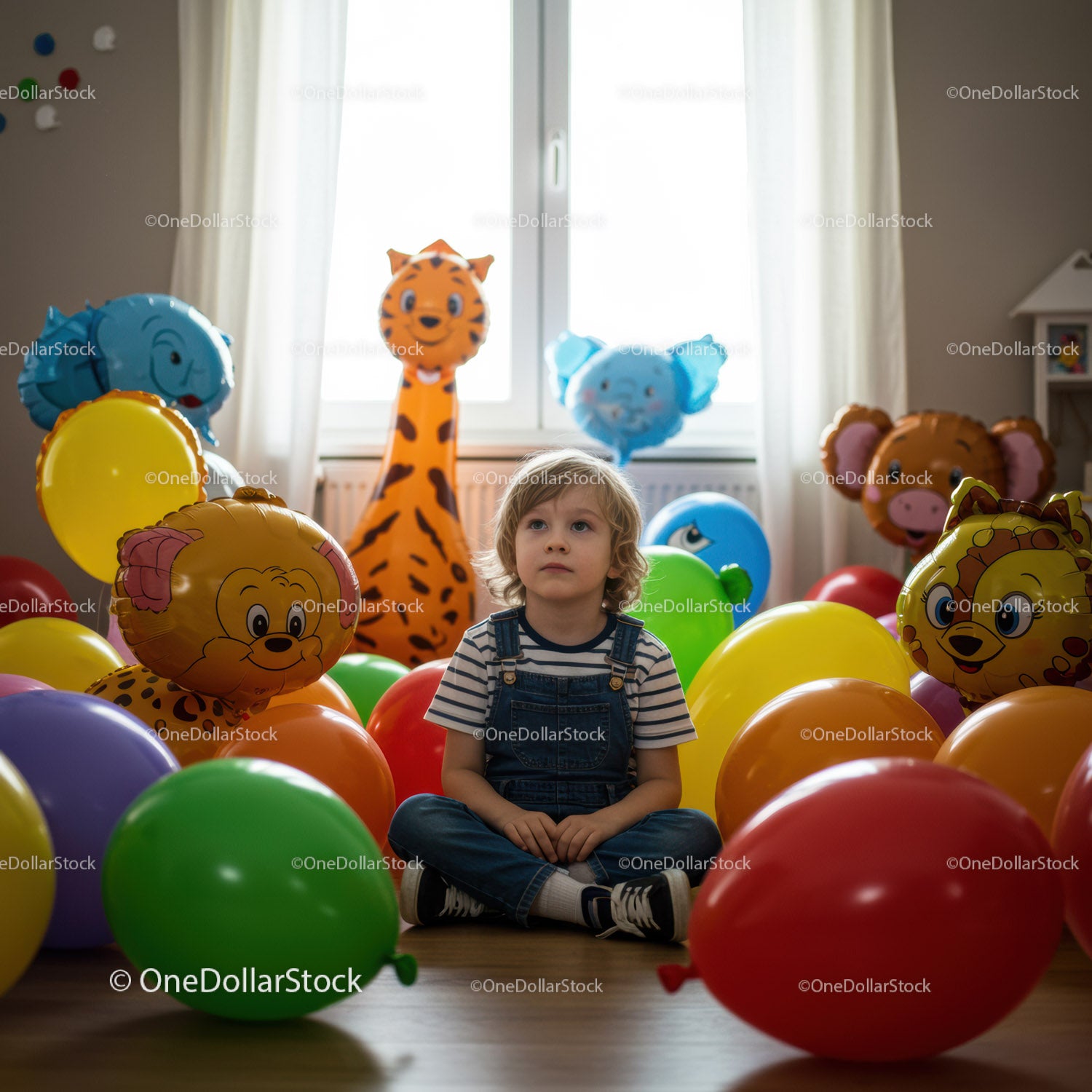 Zamyślone dziecko otoczone kolorowymi balonami w pomieszczeniu