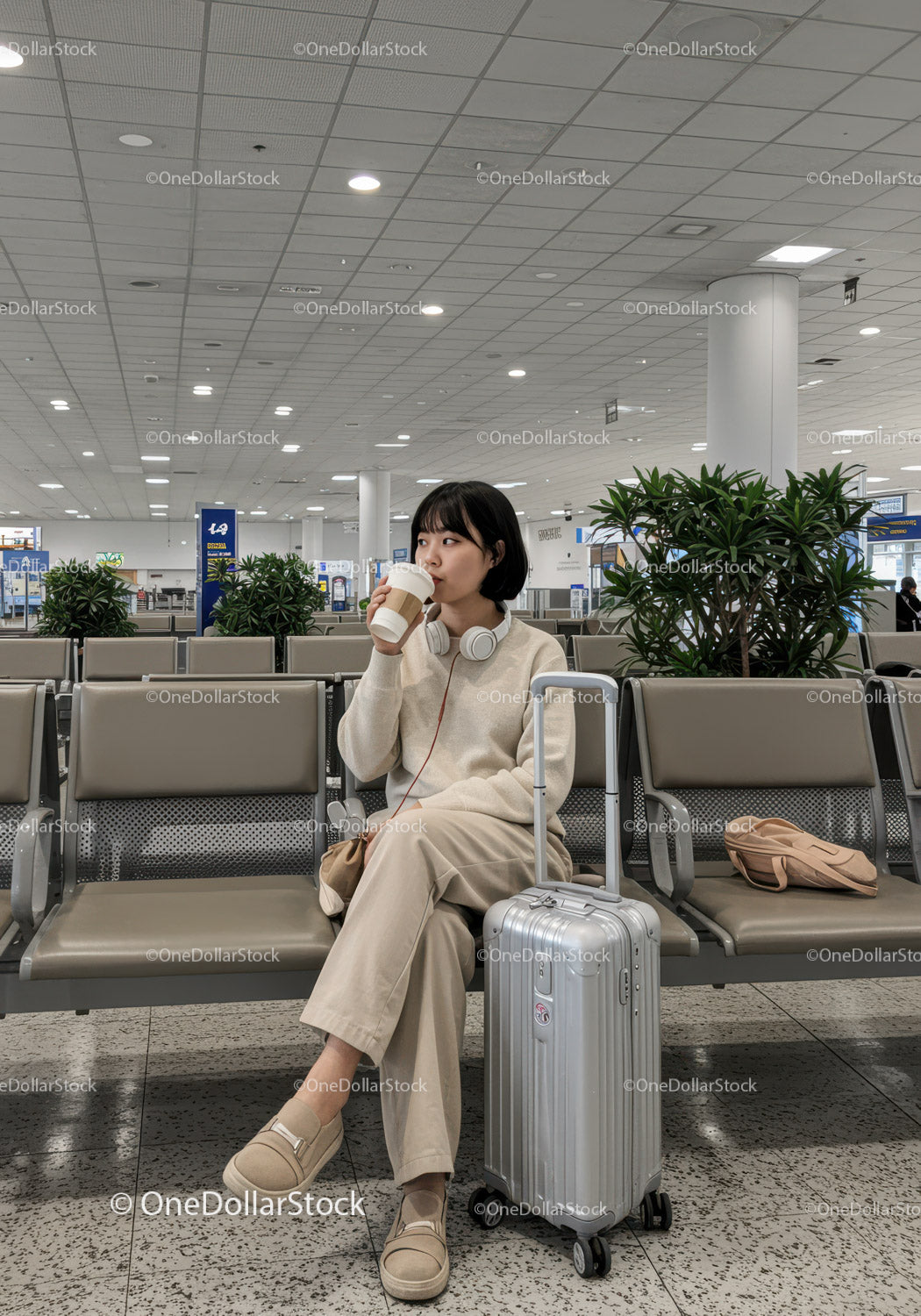 Young Woman Sitting in Airport Terminal Drinking Coffee with Suitcase
