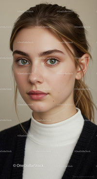 Young Woman with Bright Blue Eyes and Subtle Highlights in Hair