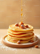 Stack of fluffy pancakes with syrup and hazelnuts