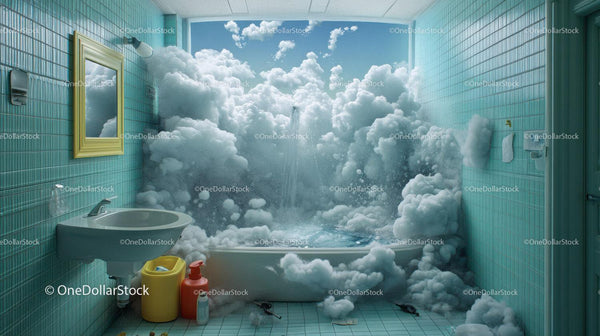 Surreal Bathroom Filled With Clouds And Sunlight