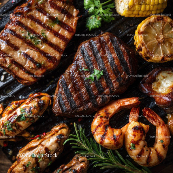 Soczysty Grillowany Stek i Danie z Owoców Morza z Kukurydzą i Ziołami