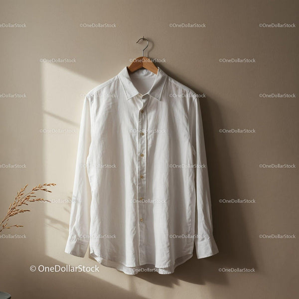 White Classic Button Down Shirt Hanging on Hanger JPG Mockup Image