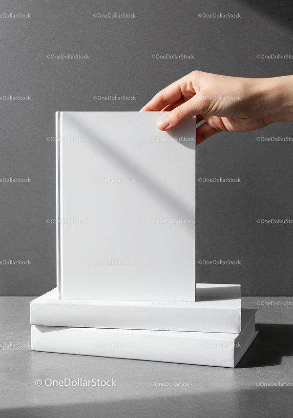Hand Holding Book Over Stack on Gray Surface JPG Mockup Image