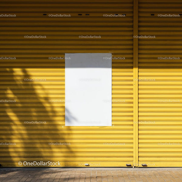 Urban yellow metal shutter with blank white poster JPG Mockup Image