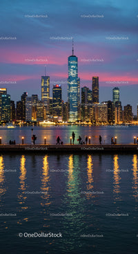 City Skyline with Skyscrapers at Sunset Over Water Reflection