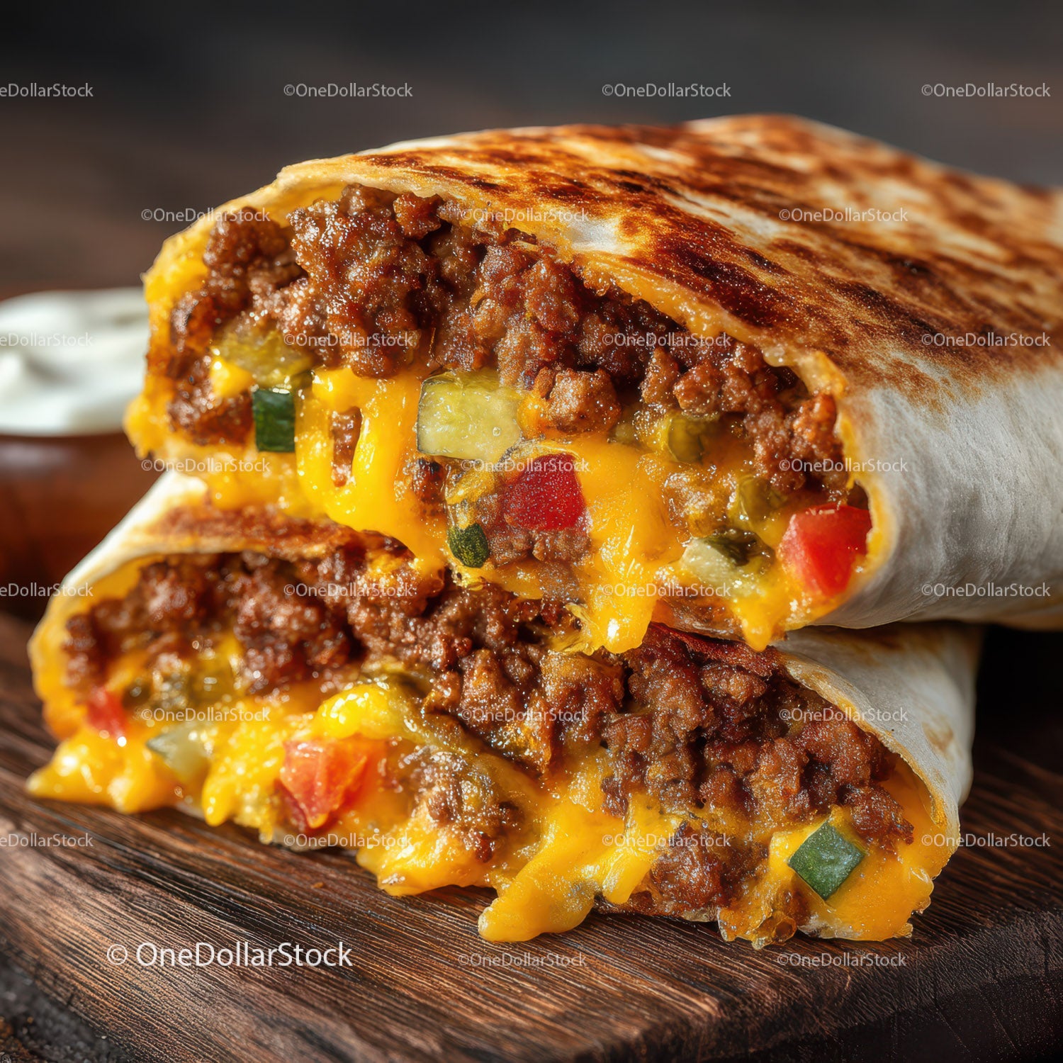 Beef Burrito with Cheese and Vegetables in Tortilla Wrap