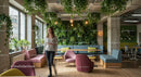 Stylish Office Space with Lush Greenery and Vibrant Lockers