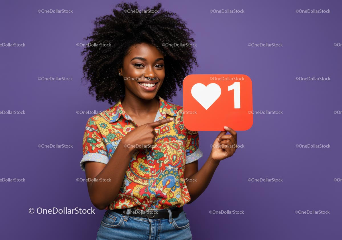 Happy Young Woman Holding Social Media Love Icon in Bright Colors