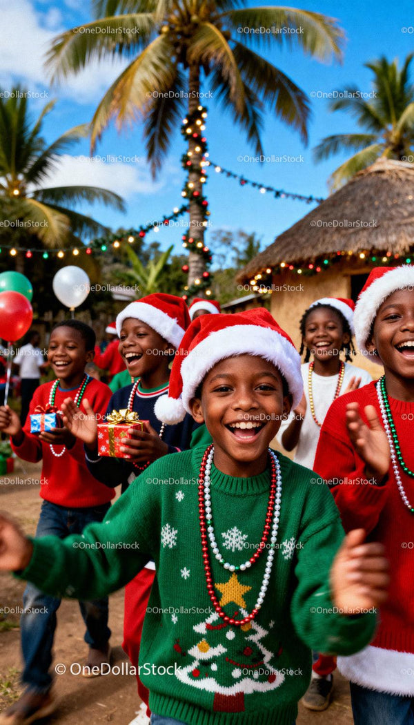 Joyful Children Celebrating Christmas Outdoors in Sunny Setting