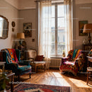 Cozy vintage living room bathed in warm sunlight
