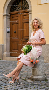 Smiling mature woman with fresh groceries sitting outdoors