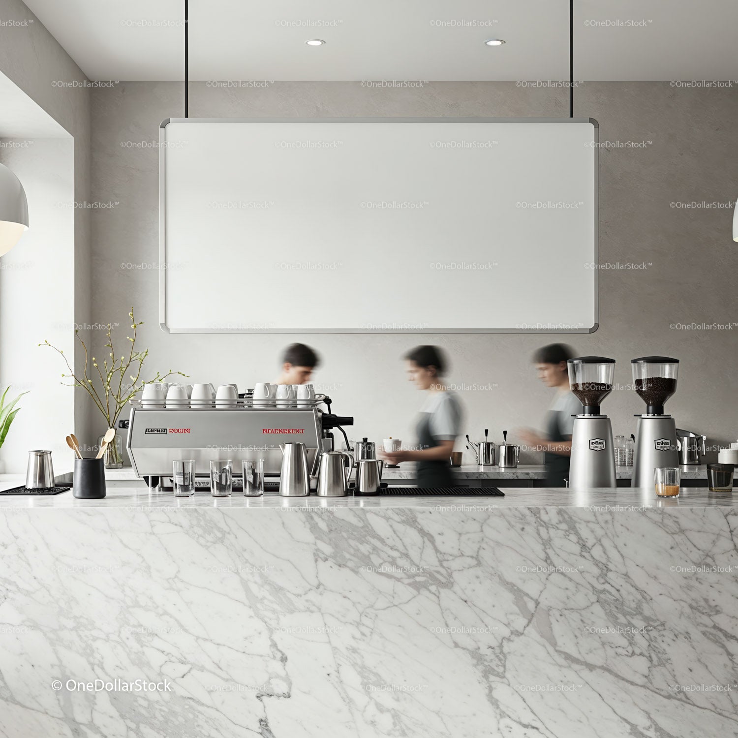 Busy Baristas Preparing Coffee Behind Marble Counter