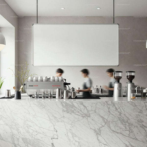 Busy Baristas Preparing Coffee Behind Marble Counter JPG Mockup Image