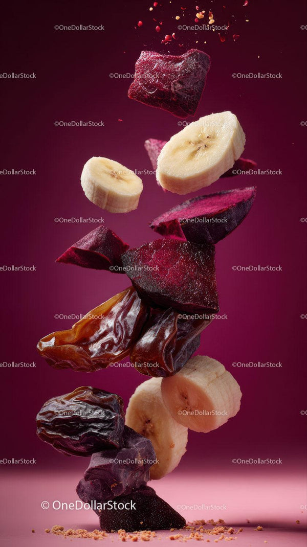 Flying Dried Dates and Banana Slices in Vibrant Pink Background