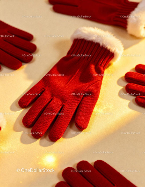 Red winter gloves with fluffy white cuffs on warm surface