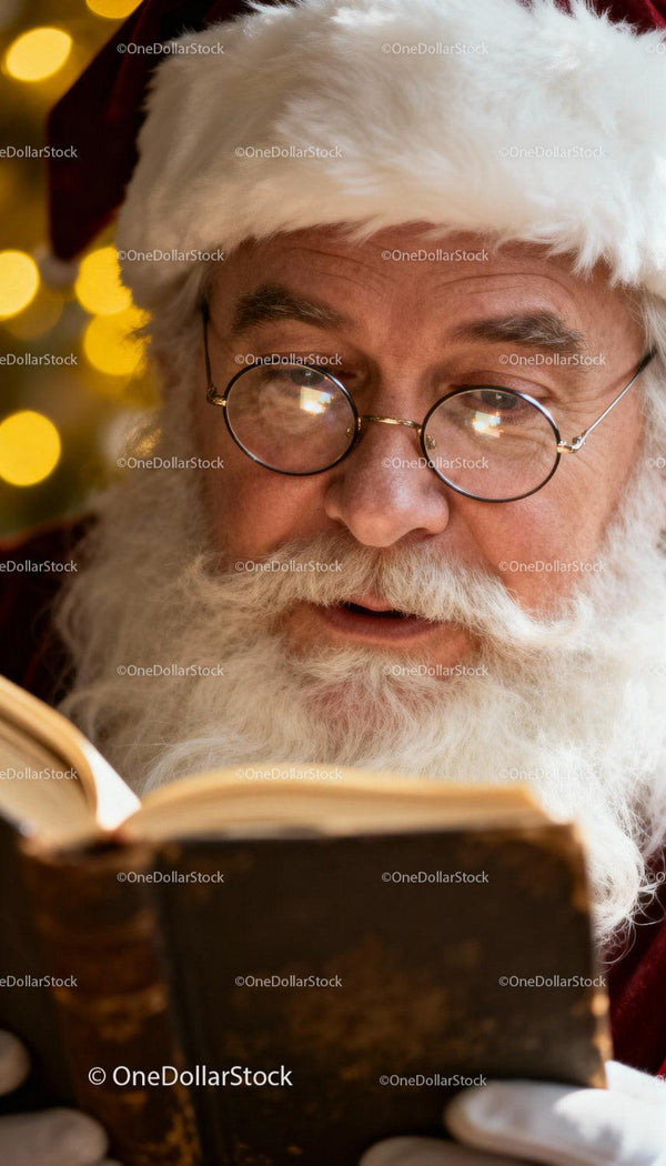 Close up of Santa Claus reading an old book