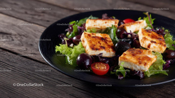 Grilled Halloumi Cheese Salad with Cherry Tomatoes and Olives