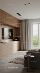 Cozy modern living room with wood cabinetry and large window