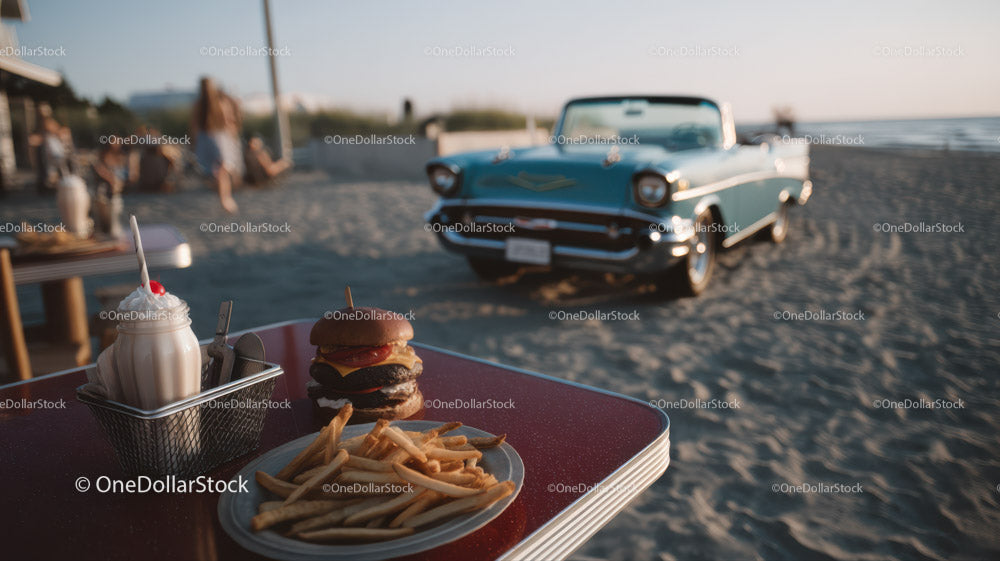 Vintage Car and Beachside Dining Scene with Classic American Food