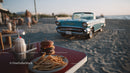Vintage Car and Beachside Dining Scene with Classic American Food